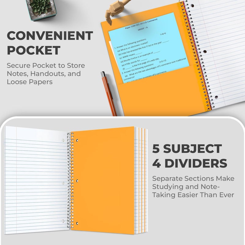 Rosmonde 5 Subject Notebook College Ruled, 6 Value Pack, 300 Pages (150 Sheets), 8 x 10-1/2"", 5 Subject College Ruled Spiral Notebooks for School & Office, Thick Paper Fights Ink Bleed, 3 Hole Punched - Image 3